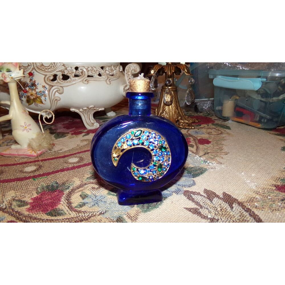 Art Glass Cobalt Blue Perfume Bottle with wood cork multi color rhinestones